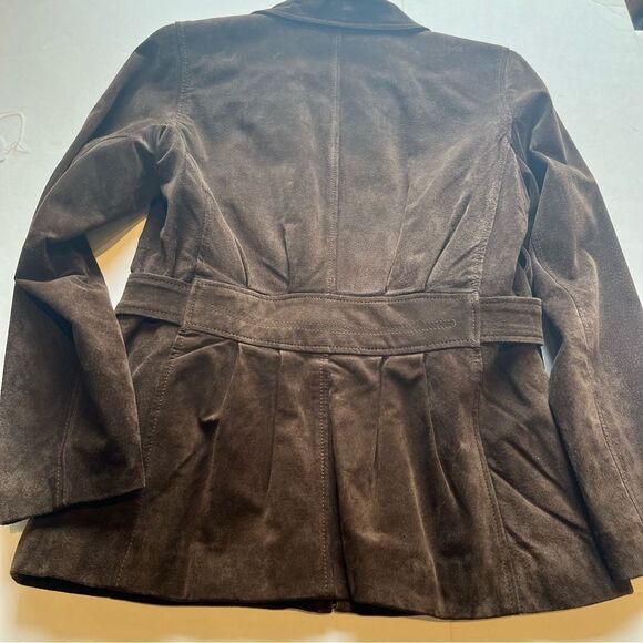G III Women's Brown Suede Jacket Full Zip Lined Attached Belt Size Small Petite - Picture 9 of 11